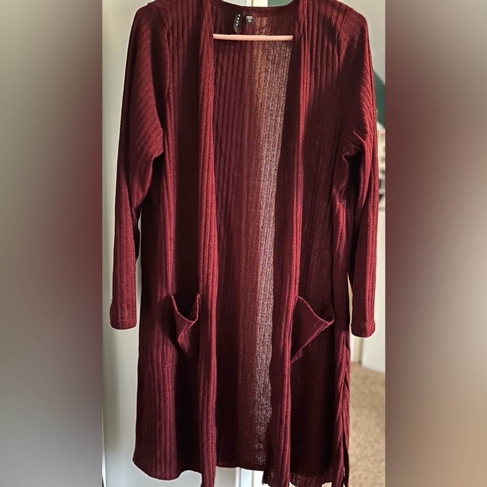 Ribbed Open-Front Long Cardigan in Deep Wine